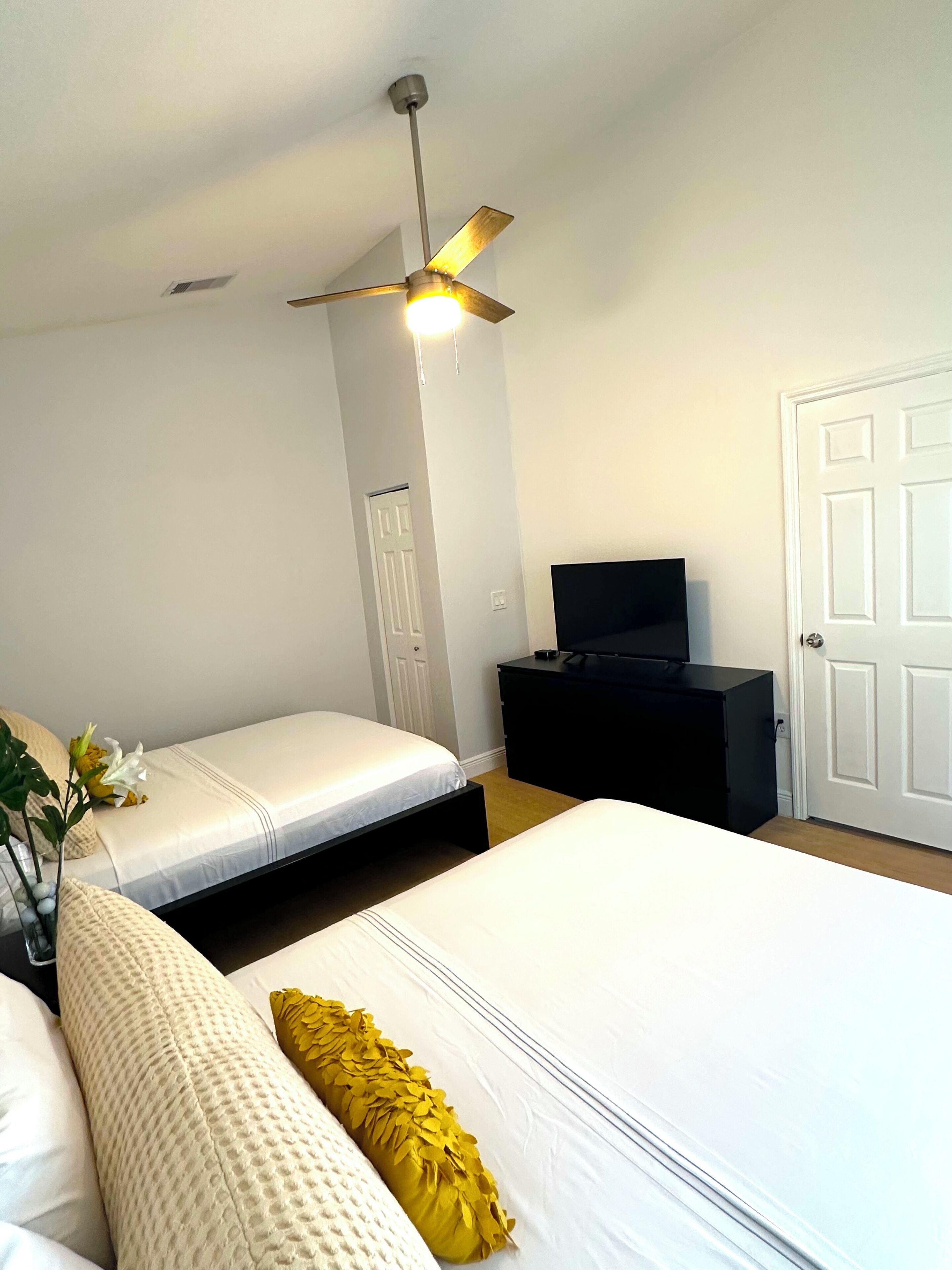 A bedroom with two beds, a ceiling fan, a TV, and a white door.