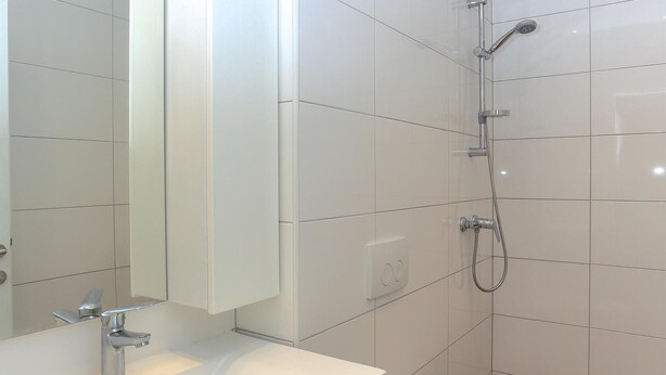 Une salle de bain avec un lavabo blanc, un miroir et une douche équipée d’un pommeau de douche amovible.