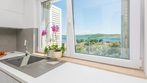 A modern kitchen with a large window, a sink, and potted plants. - Nice home in Posedarje with sauna (Posedarje)