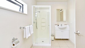 Shower, free toiletries, hair dryer, towels