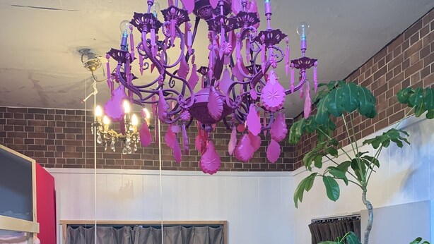 A room with a bunk bed, a purple bean bag, a chandelier, and a potted plant. - Okinawa 13 (Naha)