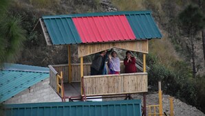 Eine kleine Holzhütte mit rotem und grünem Dach, eingebettet in eine natürliche Landschaft.
