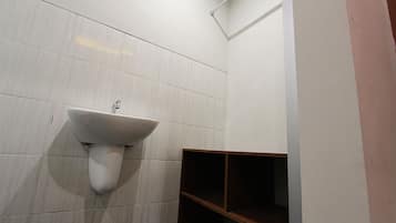 Shower, slippers, towels, soap