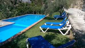 Une piscine à l’eau bleue, entourée de pelouse verdoyante et d’arbres. Des chaises longues bleues sont disposées le long du bord de la piscine.