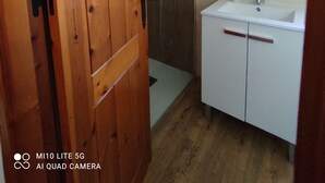 A bathroom with a wooden door, a shower, a sink, and a mirror.