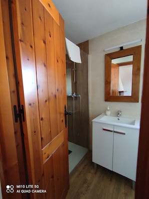 Une salle de bain avec une porte en bois, une douche, un lavabo et un miroir.