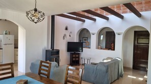 Televisio, takka, kirjoja, musiikkikirjasto