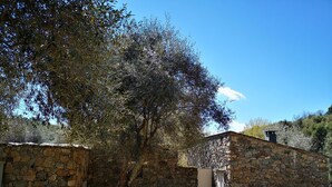 Un edificio de piedra con un árbol en primer plano, rodeado de paisaje natural.