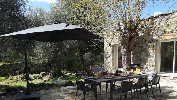 Un área de comedor al aire libre con un patio de piedra, una mesa dispuesta para seis personas y una sombrilla grande que ofrece sombra.