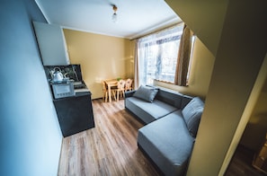 A compact living space with a kitchenette, a sofa, a dining table, and a window with curtains. - Pokoje i Apartamenty Nad Potokiem (Zakopane)