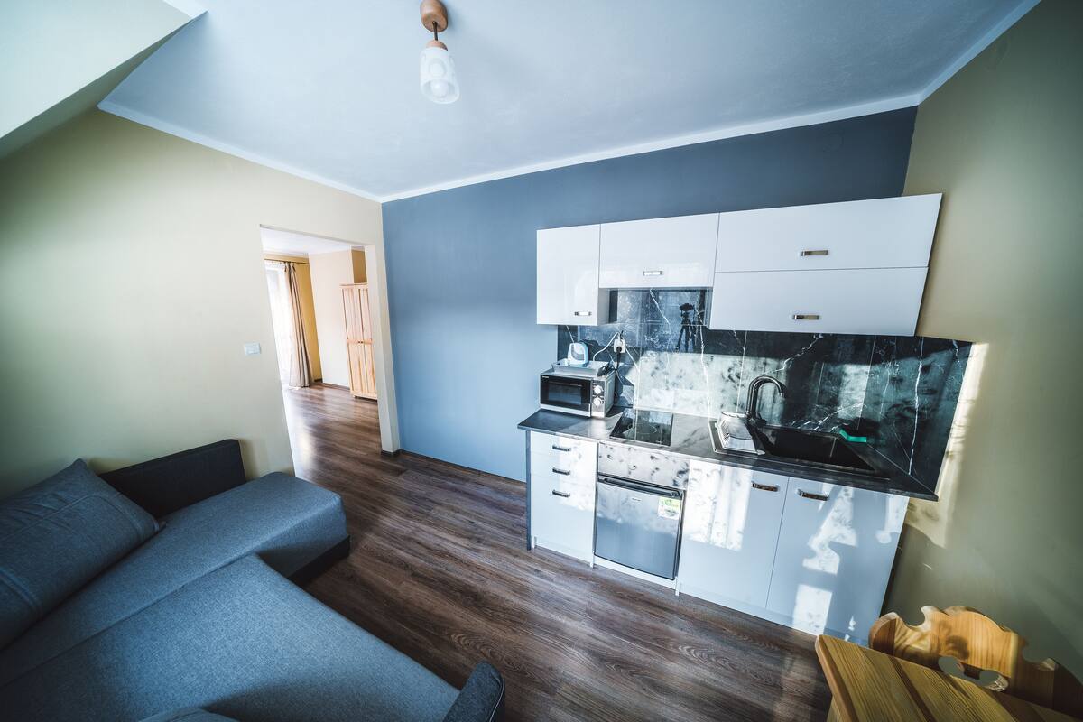 A compact living space with a kitchenette, a sofa, and a dining area.