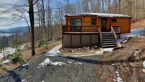 Une cabane avec une façade en bois, une terrasse et un escalier menant à l’entrée.