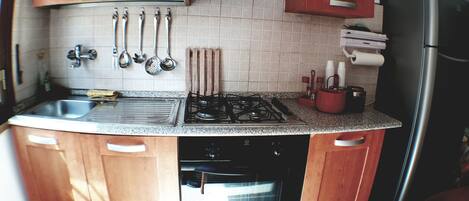 Full-size fridge, oven, stovetop, espresso maker