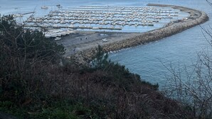Un port de plaisance où sont amarrés de nombreux bateaux, entouré de côtes rocheuses et surplombant une ville située au loin.