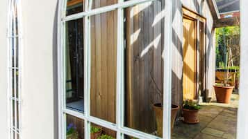 A view through a window of a wooden exterior wall, potted plants, and a door.