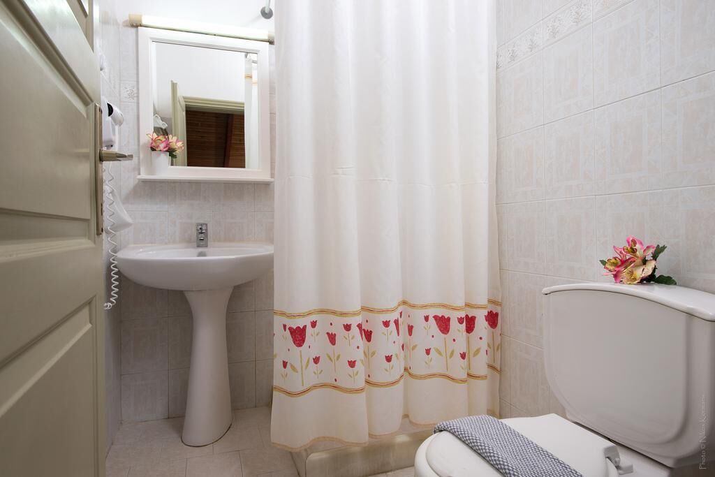 A bathroom with a white pedestal sink, a toilet, and a shower curtain with floral patterns.