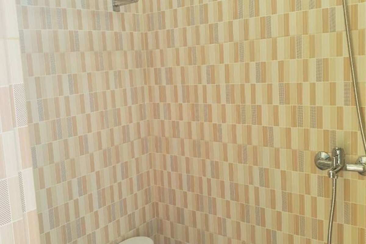 Een badkamer met een betegelde douchewand en toilet.