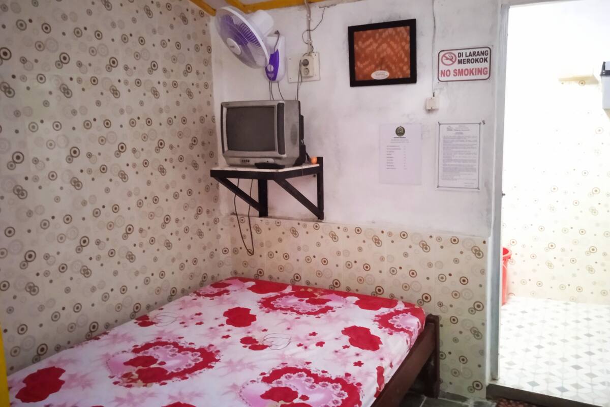 A room with a bed, a television on a stand, a wall-mounted fan, and a 'No Smoking' sign.