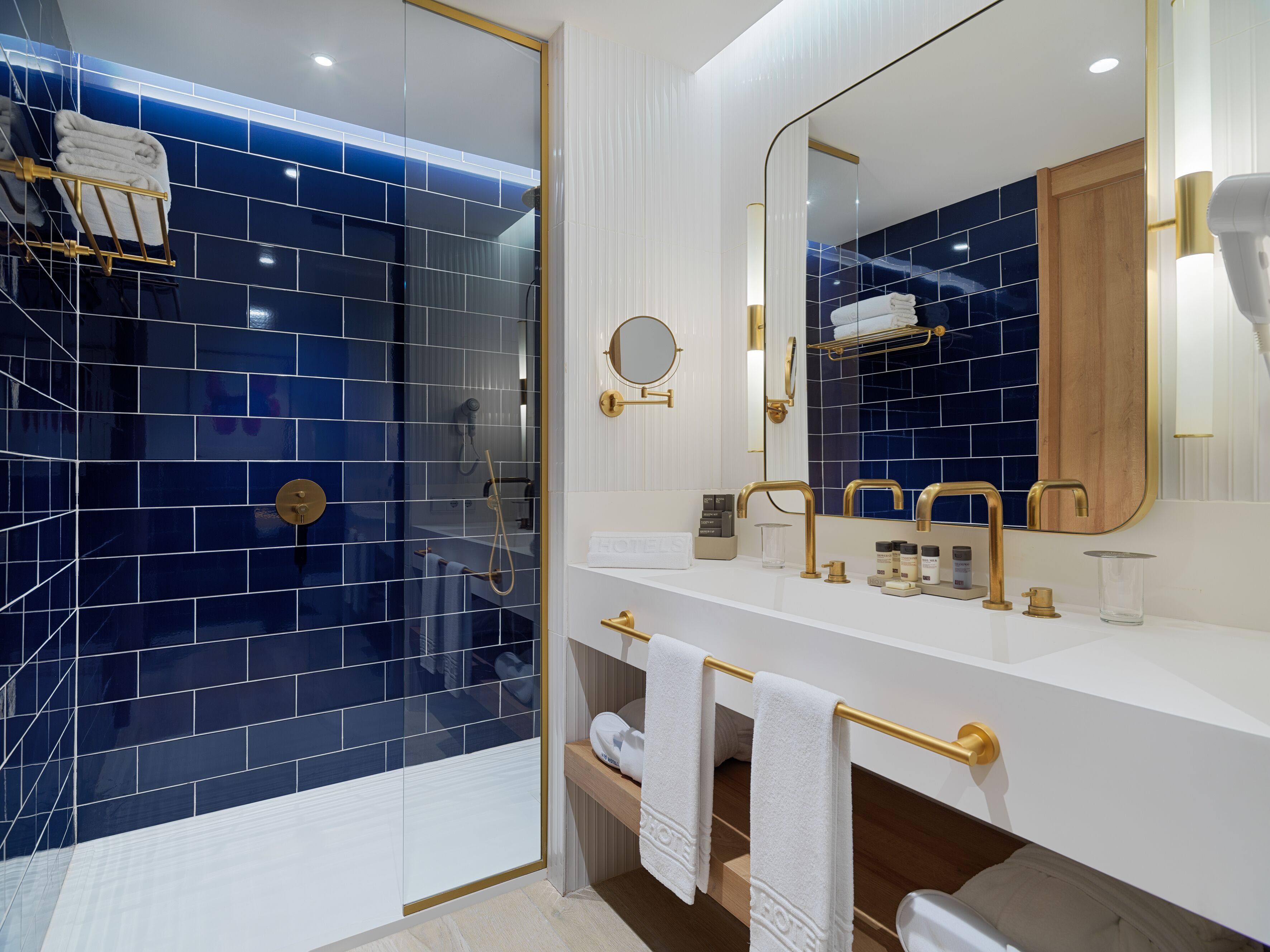 eco-friendly toiletries, hair dryer, towels, soap