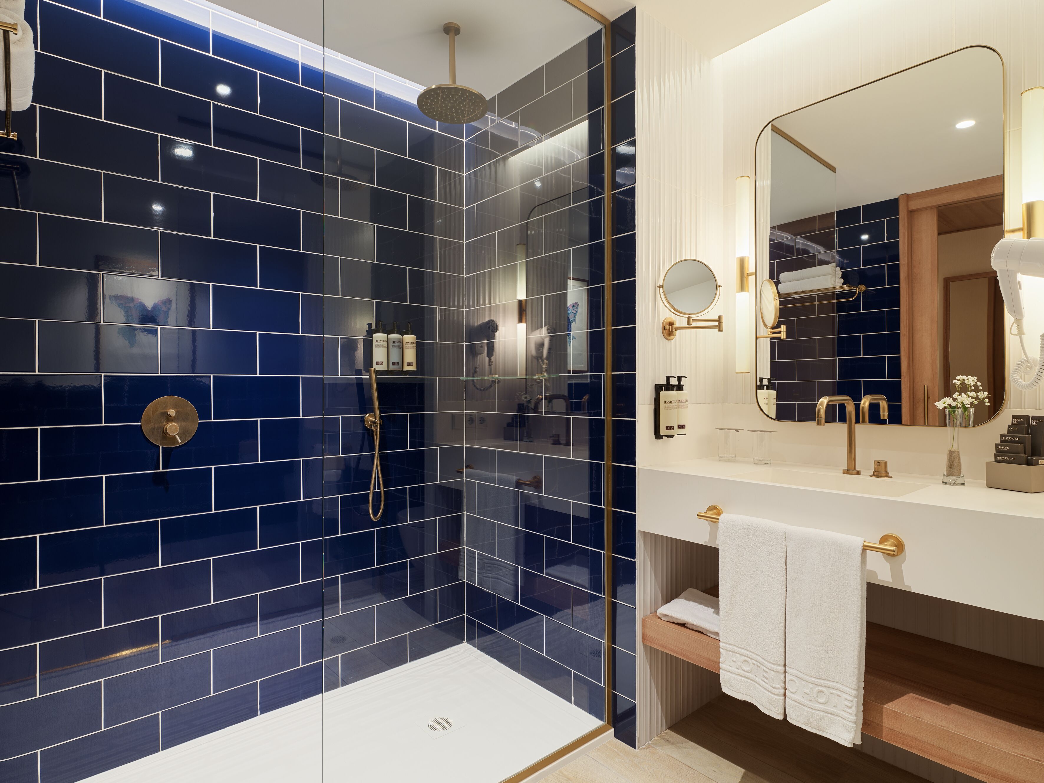 eco-friendly toiletries, hair dryer, towels, soap