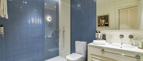 A modern bathroom with a glass shower enclosure, a white toilet, and a vanity with a mirror and sink.