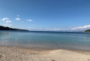A clear view of a beach with pebbles and calm water under a blue sky.