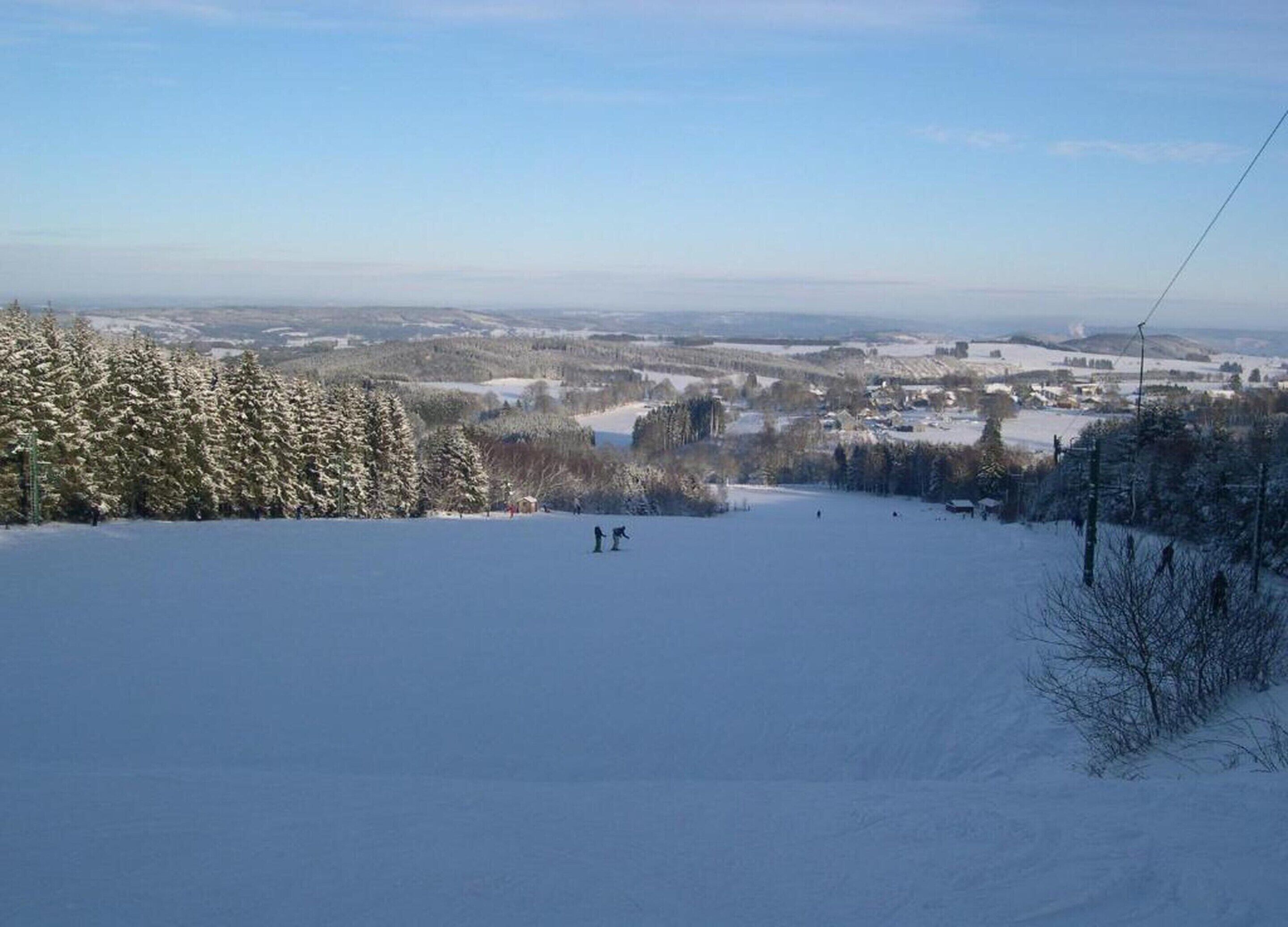 A snowy landscape with a ski slope, trees, and a distant view of a town.