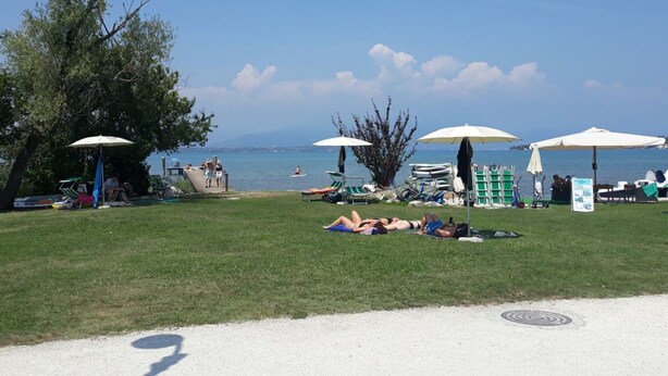 Una playa con sombrillas, sillas de descanso y una zona verde.
