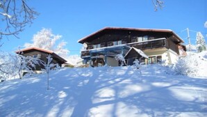 A chalet-style building with a sloped roof and a balcony, surrounded by snow-covered trees. - Family chalet with sauna for 10-12 people (Gérardmer)