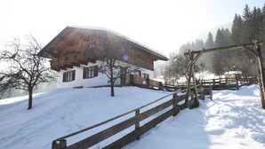 A wooden chalet with a sloped roof, surrounded by snow-covered ground and trees. - Lush Holiday Home in Hüttau near Ski Area (Huettau)