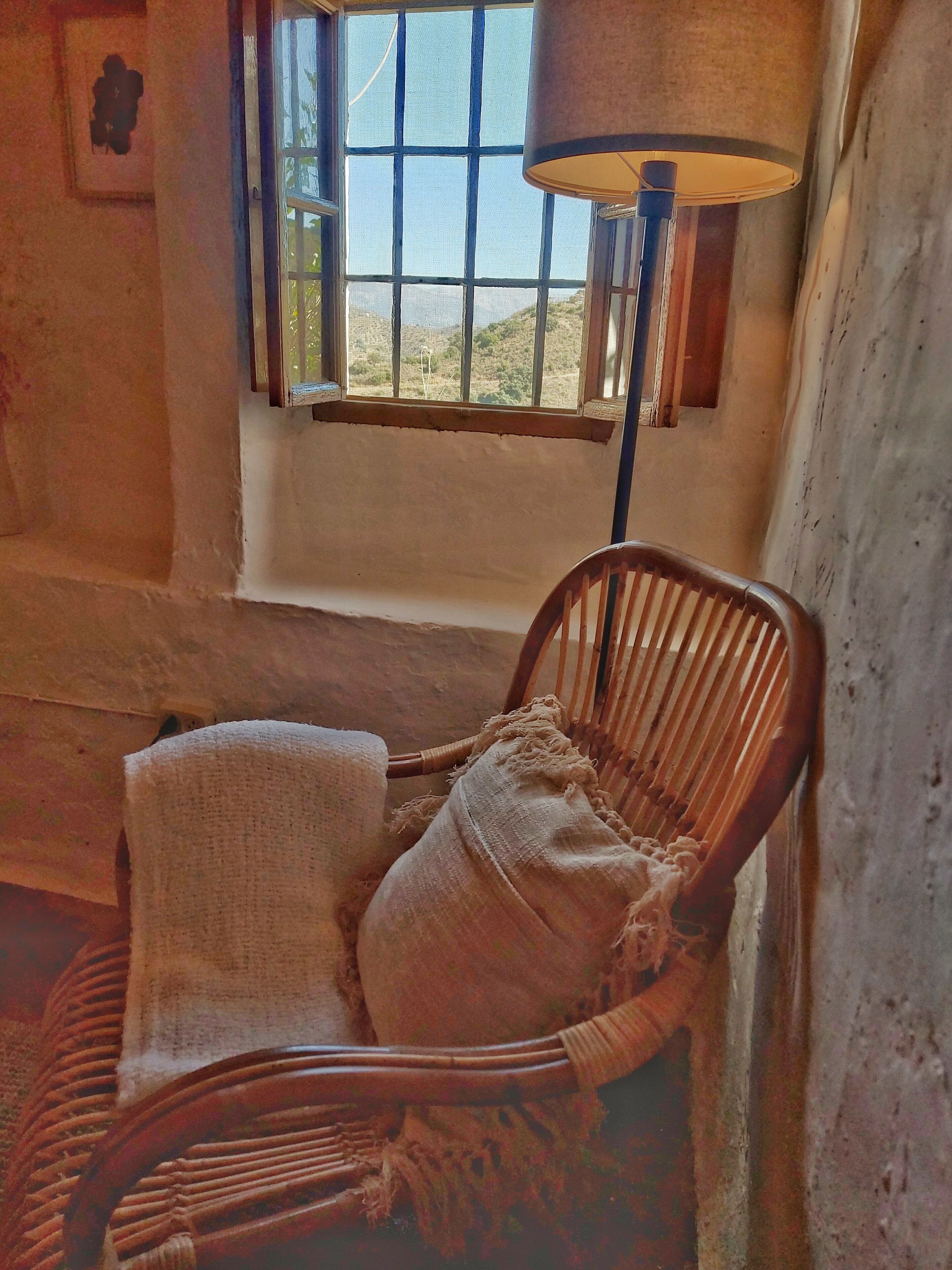 Une chaise en osier avec un coussin et une lampe, placée près d’une fenêtre donnant sur l’extérieur.