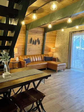 TV, fireplace, books, offices