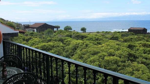 A balcony with a view of the ocean and dense greenery. - Great Tranquility Holiday Home (S.Roque do Pico)