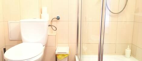 A bathroom with a toilet, a trash bin, a shower with a glass door, and a bathtub.