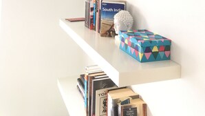 Una estantería con libros, un busto decorativo y una planta en maceta.