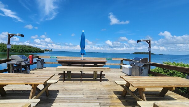 A wooden deck with picnic tables and barbecue grills overlooking a body of water. - Lovely 1st Floor, 1 BR condo with garden, pool and water view in Tierra Verde (Tierra Verde)