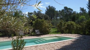 A rectangular swimming pool with clear water, surrounded by a gravel area and various shrubs and trees.