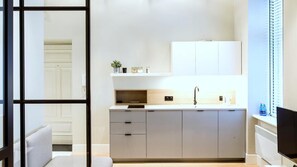 A modern kitchen with a built-in oven, a sink, and a countertop. There is a window with blinds on the right side. - Apartament-ul. Marszałkowska 58 (Warsaw)
