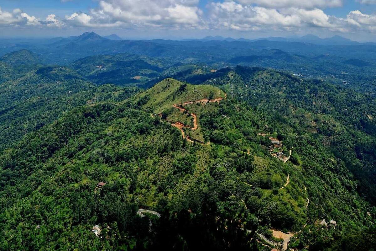 A panoramic view of a lush, green landscape with rolling hills and a winding road.