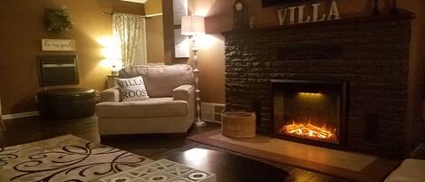 Smart TV, fireplace, DVD player