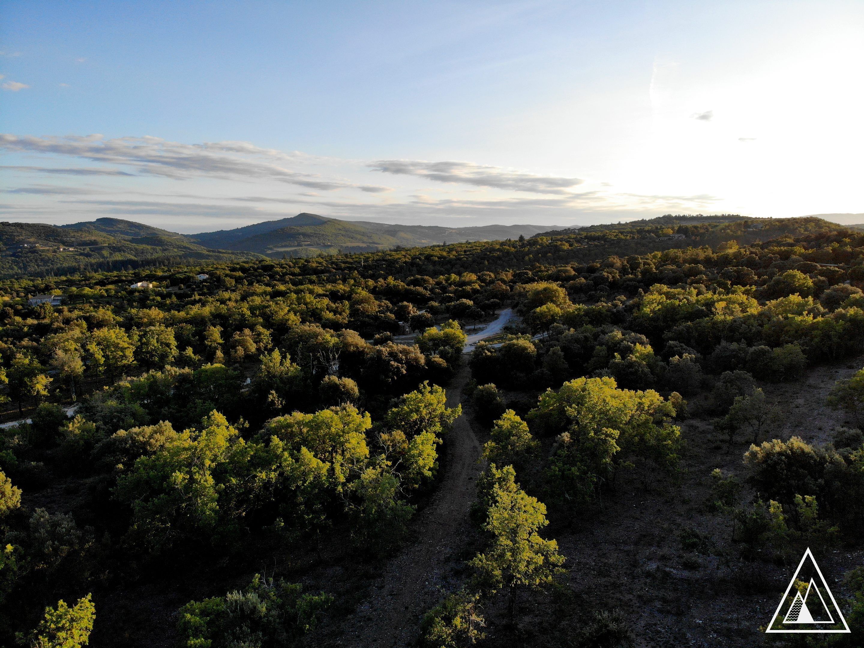 A rural landscape with a dirt path winding through dense greenery and hills in the background.
