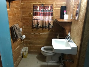 A small, rustic bathroom with wooden walls, a toilet, a sink, and a window with patterned curtains.