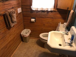 A wooden cabin bathroom with a toilet, sink, and a window with a white curtain.