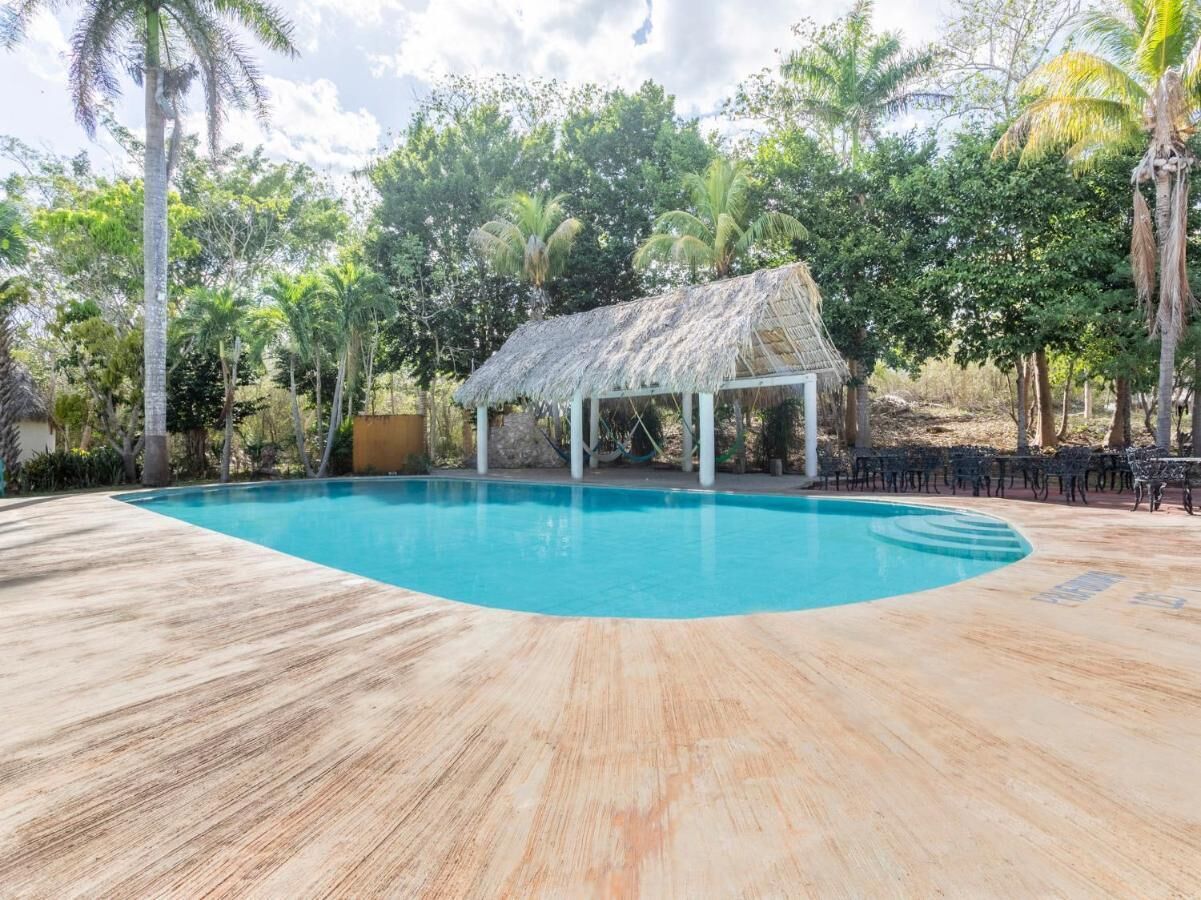 A swimming pool with a thatched-roof pavilion surrounded by palm trees.