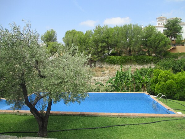 A swimming pool surrounded by well-maintained grass and trees, with a stone wall and a building in the background.