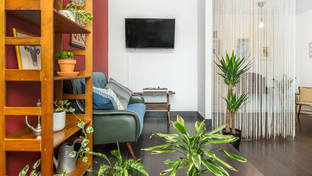 A modern living room with a sofa, a wooden bookshelf, a flat-screen TV, and a decorative plant. - Sunny Three Bedroom Loft in the Heart of Porto (Porto)