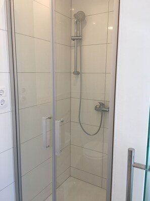 Shower, towels, toilet paper