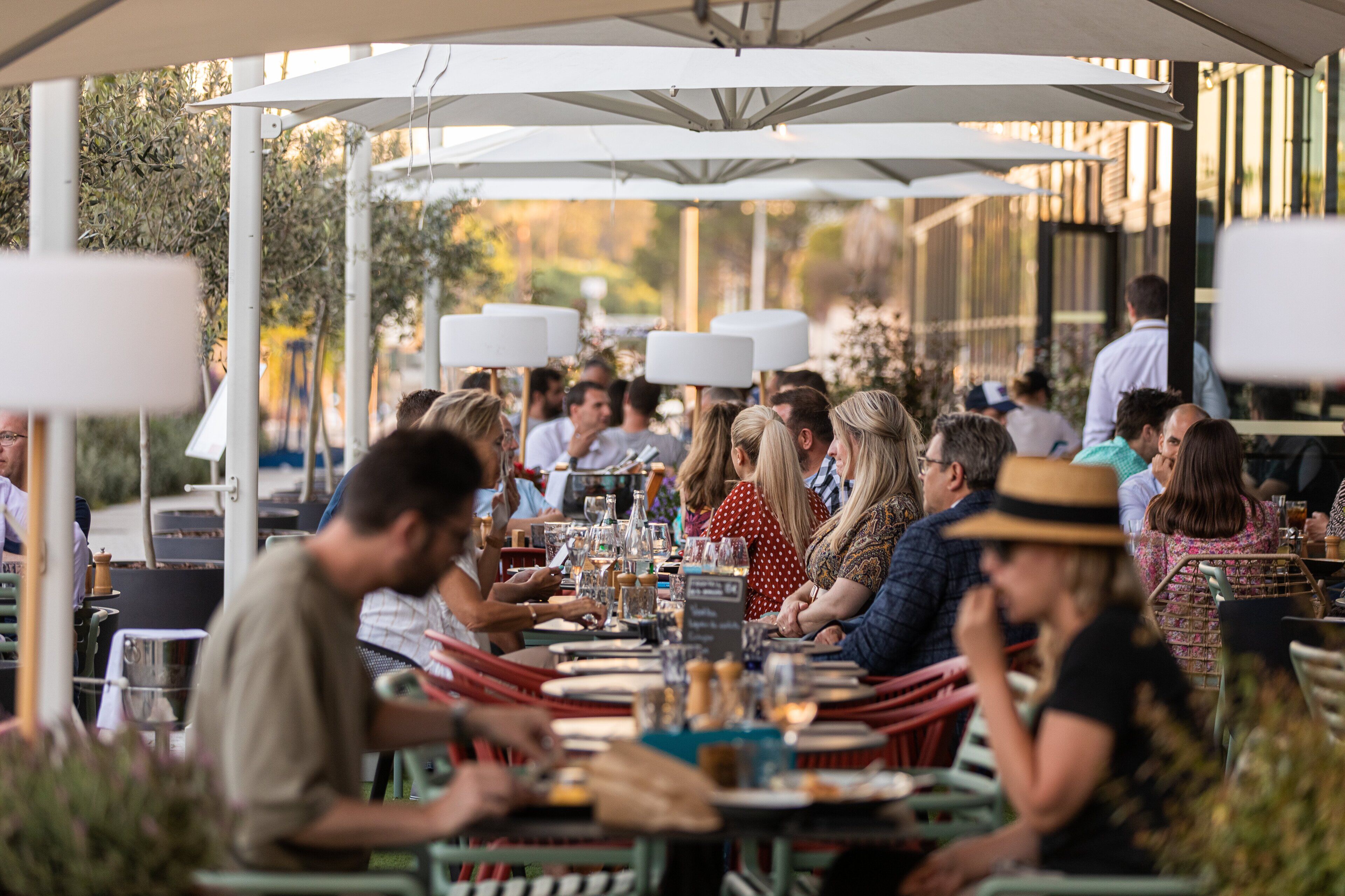 Un espace de restauration en plein air, avec des tables et des chaises placées sous des parasols, le tout entouré de verdure.