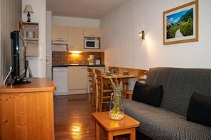 A compact living space with a kitchenette, a dining area, and a sofa.