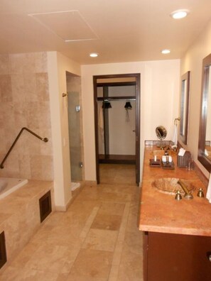 Bathtub, hair dryer, towels, soap